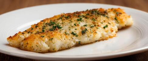 The perfectly cooked fish fillet garnished with herbs on a white plate. photo