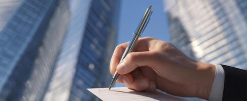 The hand signing a document with a silver pen against skyscraper backdrop. photo