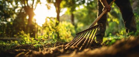 The gardener working with a rake in the sunlit soil of a lush garden. photo