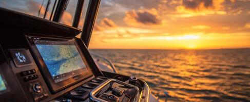 The beautiful sunset over a boat's navigation dashboard and tranquil waters. photo