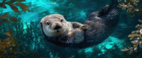 The adorable otter floating gracefully in its serene underwater habitat. photo