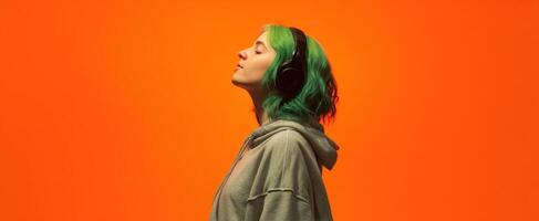 The woman with green hair enjoying music in a vibrant orange setting. photo