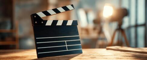 The classic clapperboard set on a rustic table in a film studio ambiance. photo