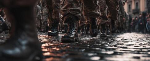 The soldiers marching with determination on a cobblestone street in the city. photo