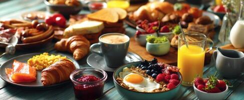 The colorful breakfast spread featuring eggs, fruits, and pastries on a wooden table. photo