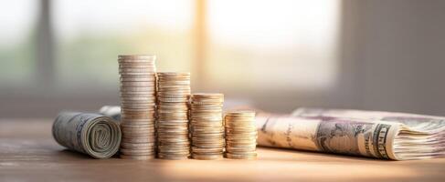 The stacks of coins and bills showcasing financial growth and prosperity. photo