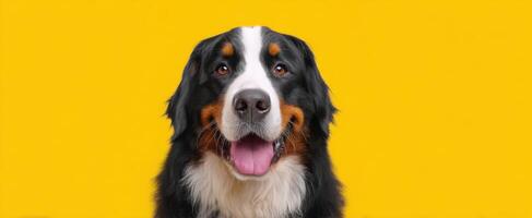 The Bernese Mountain Dog with a Cheerful Expression Against a Yellow Background photo