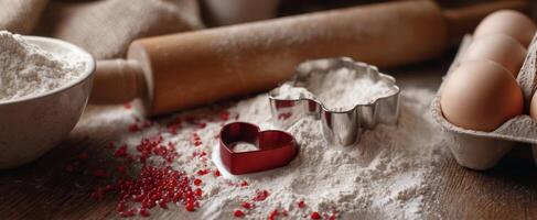 The heart-shaped cookie cutter surrounded by baking ingredients on a rustic table photo