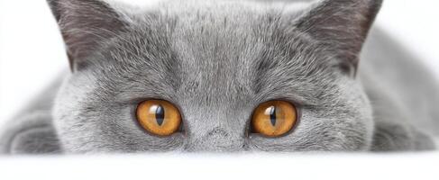 The mesmerizing gaze of a gray cat with striking orange eyes. photo