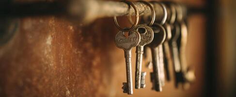 The vintage keys arranged on a rustic keyholder against a warm background. photo