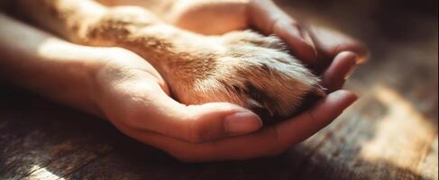 The gentle touch of a pet paw resting in a caring hand. photo