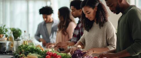 The group preparing fresh vegetables together in a vibrant kitchen setting. photo