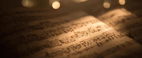 The intricate beauty of vintage sheet music illuminated by warm light photo
