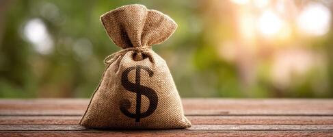 The burlap money bag representing wealth and financial prosperity. photo