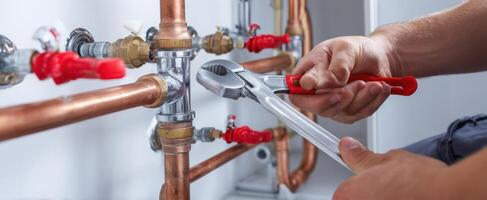 The plumber using a wrench to repair copper pipes in a residential setting. photo