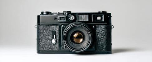 The vintage camera with classic design and charm against a minimalist backdrop. photo