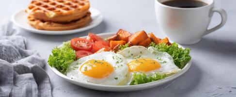 The delicious breakfast plate featuring sunny side up eggs and waffles. photo