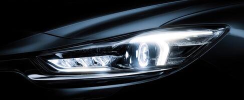 The striking headlight of a luxury car showcasing modern design and innovation. photo