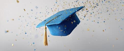 The vibrant blue graduation cap soaring amidst sparkling confetti celebration. photo