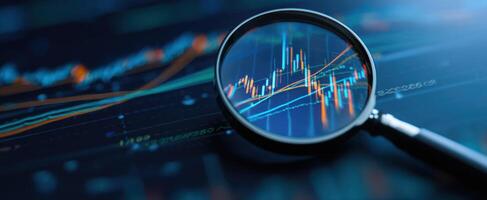 The magnifying glass highlighting stock market analysis and growth trends photo