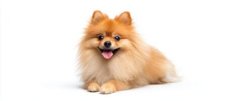 The adorable Pomeranian dog lying happily on a clean white background. photo