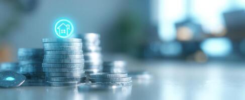 The stack of coins with a digital house icon representing investment and savings. photo