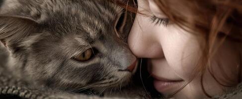 The intimate moment between a woman and her beloved cat. photo