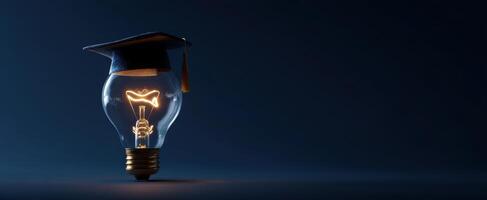 The graduation cap nestled on an illuminated lightbulb symbolizing knowledge and inspiration. photo