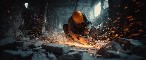 The worker skillfully cuts through concrete while creating sparks in an abandoned building. photo