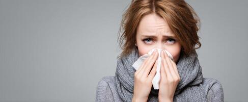 The woman holding a tissue expresses sadness and discomfort in a cozy environment. photo
