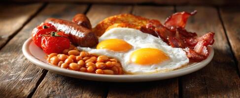 The delicious breakfast plate featuring eggs, bacon, and sausages on wood. photo