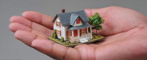 The miniature house held in a hand symbolizes dreams and homeownership aspirations. photo