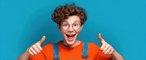 The cheerful teenager giving thumbs up against a vibrant blue background. photo