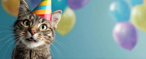 The cheerful cat wearing a party hat surrounded by colorful balloons. photo
