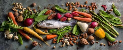 The vibrant arrangement of fresh fish and assorted vegetables on a rustic table. photo