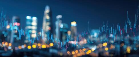 The skyline illuminated by a dynamic financial data visualization at night. photo