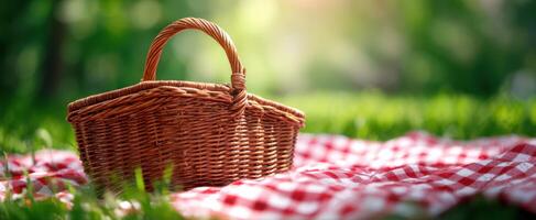 The wicker picnic basket resting on a checkered blanket in a serene outdoor setting. photo