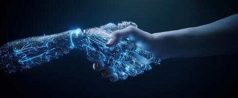 The robotic hand and human hand symbolize unity and technological collaboration. photo