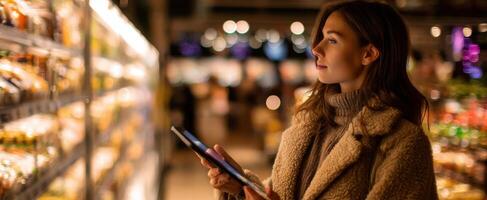 The woman shopping in a grocery store using a tablet for selections. photo
