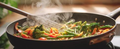The vibrant stir-fry of fresh vegetables steaming in a modern kitchen. photo