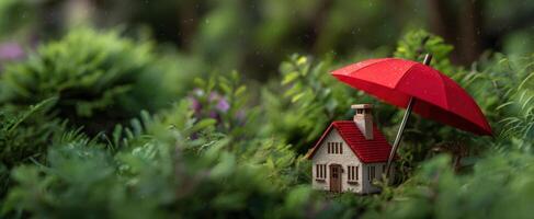 The miniature house protected by a bright red umbrella amidst lush greenery. photo