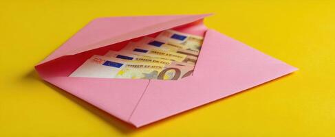 The pink envelope showcasing euros for a thoughtful gift or payment solution. photo