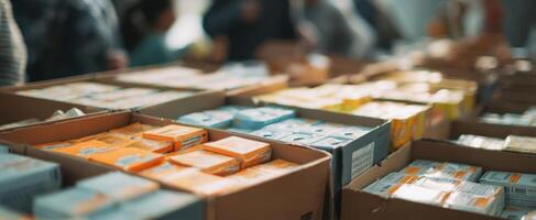 The vibrant assortment of colorful boxes displayed at a bustling market. photo