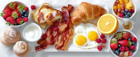 The delicious breakfast platter featuring eggs, bacon, fruit, and pastries. photo