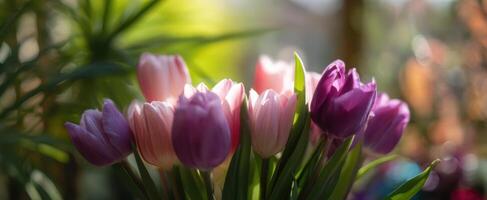 The vibrant tulips blooming beautifully in soft, natural sunlight. photo