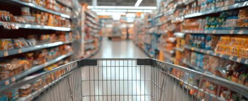 The shopping cart ready for a grocery expedition in a bustling supermarket aisle. photo
