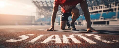 The athlete preparing to race on the starting line with determination and focus. photo