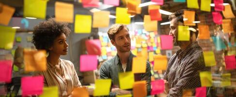 The engaged team collaborating around colorful sticky notes in a modern workspace. photo