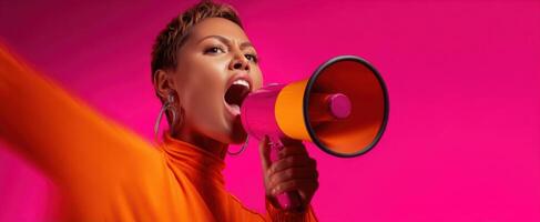 The confident woman shouting through a megaphone in vibrant colors. photo