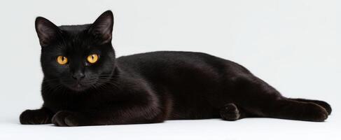 The stunning black cat with striking yellow eyes resting elegantly on a surface. photo